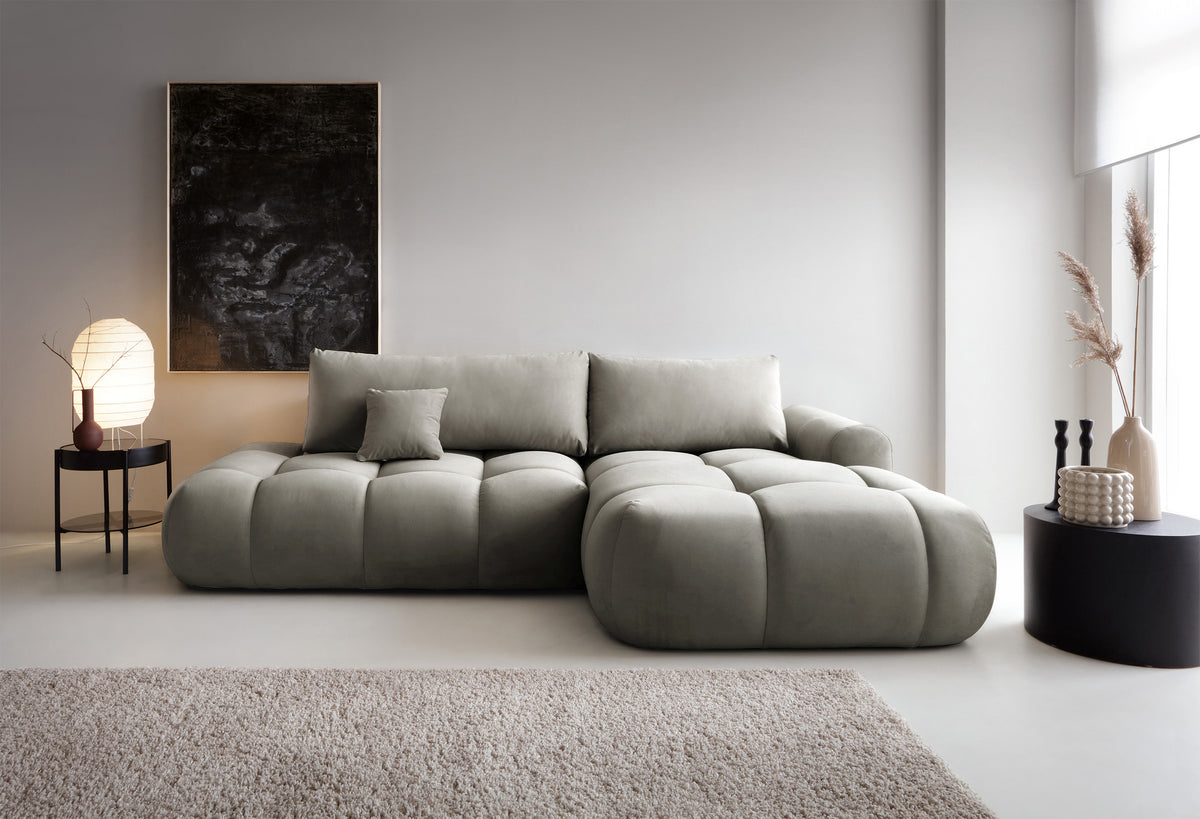 Canapé d'angle Ombo avec fonction couchage, coffre de rangement, velours hydrofuge gris-bronze, angle droit