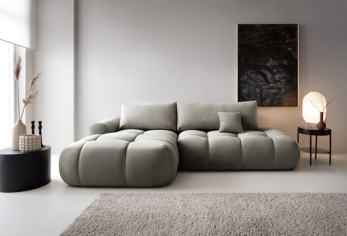 Canapé d'angle Ombo en L avec fonction couchage et coffre de rangement, velours hydrofuge gris-brun, version gauche