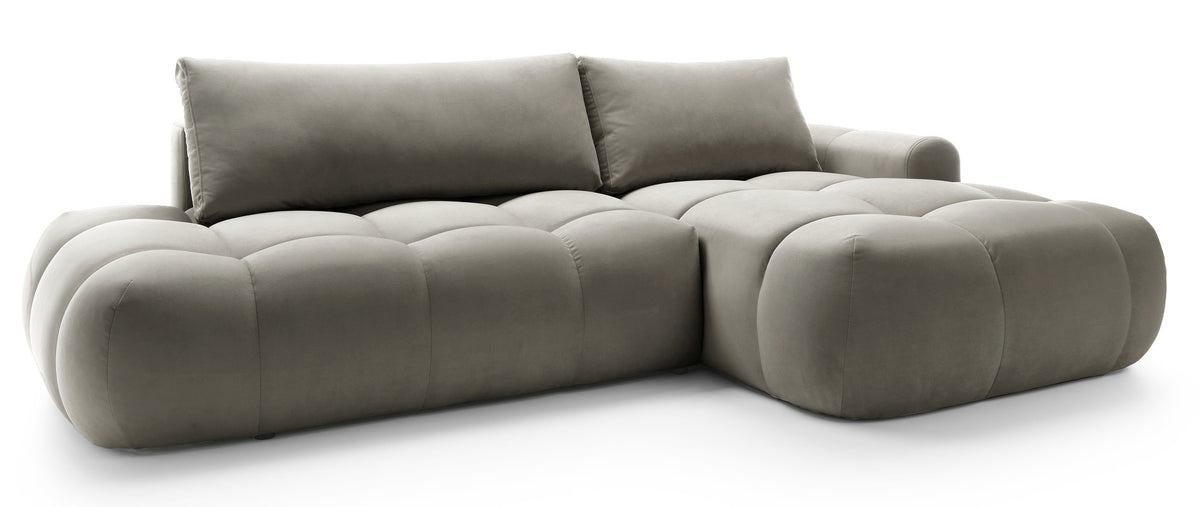 Ecksofa mit Schlaffunktion Ombo, L-förmig, mit Stauraum, graubrauner hydrophober Samt, rechtsseitig