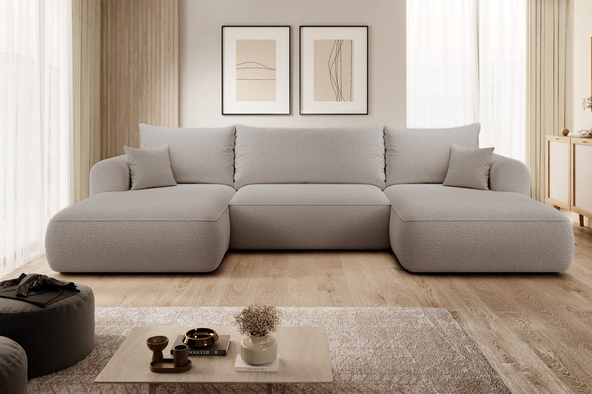 Canapé d'angle convertible Ovo en U avec rangement, boucle beige foncé, réversible