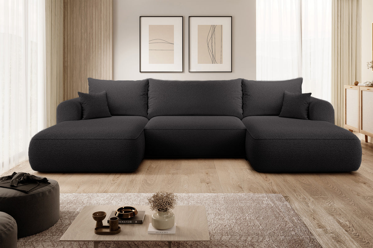 Canapé d'angle convertible Ovo en U avec rangement, bouclé uni gris foncé, réversible