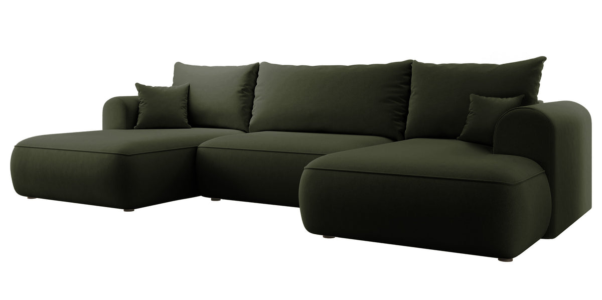Canapé d’angle convertible Ovo en U avec rangement, velours olive facile à nettoyer, réversible