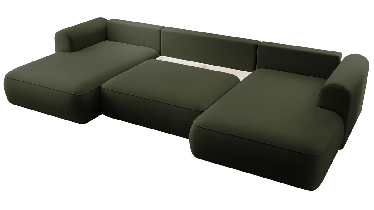 Canapé d’angle convertible Ovo en U avec rangement, velours olive facile à nettoyer, réversible