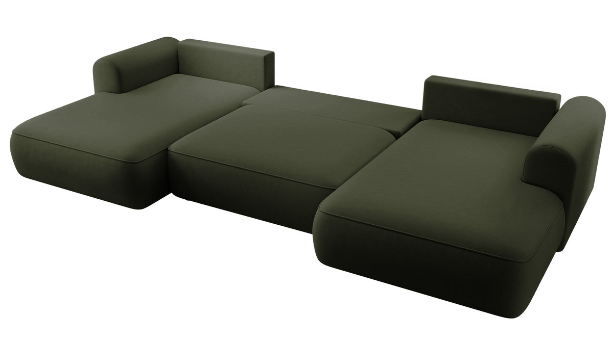 Canapé d’angle convertible Ovo en U avec rangement, velours olive facile à nettoyer, réversible