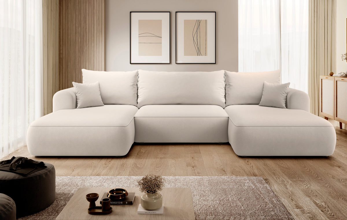 Canapé d'angle convertible Ovo en U avec rangement, velours beige clair facile à nettoyer, réversible