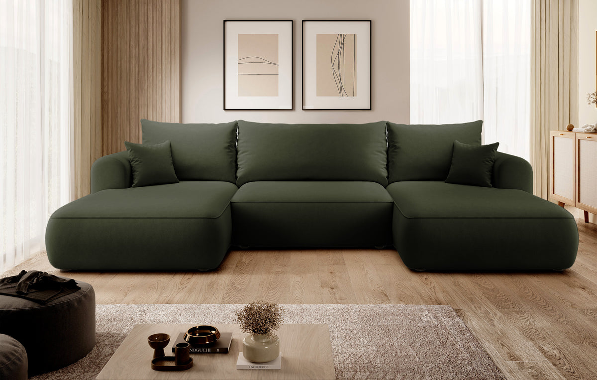 Canapé d’angle convertible Ovo en U avec rangement, velours olive facile à nettoyer, réversible