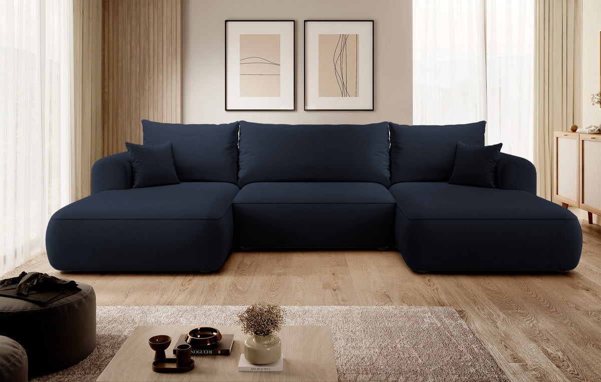 Canapé d'angle convertible Ovo en U avec coffre de rangement, velours bleu marine facile à nettoyer, réversible