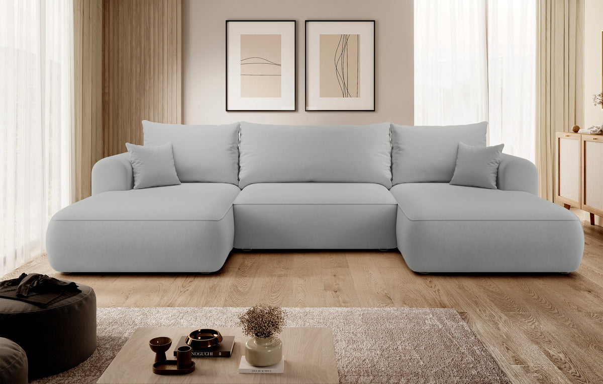 Canapé d'angle convertible Ovo en U avec coffre, velours gris facile à nettoyer, réversible