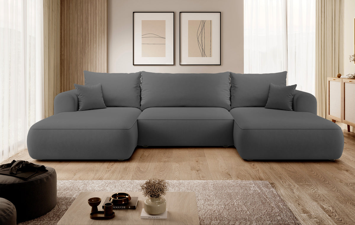 Canapé d'angle convertible Ovo en U avec coffre, velours gris foncé facile à nettoyer, réversible