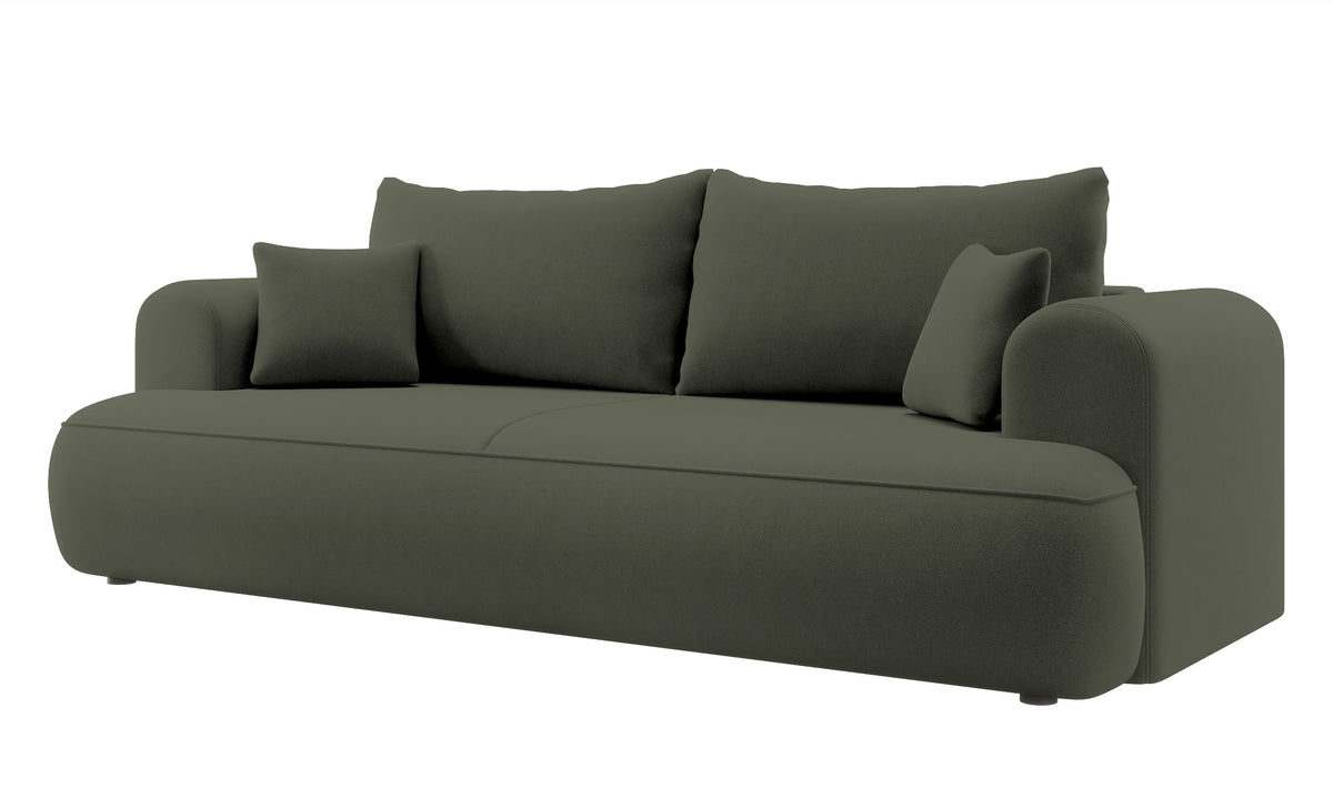Canapé convertible 3 places Ovo avec rangement, velours olive en tissu facile à nettoyer