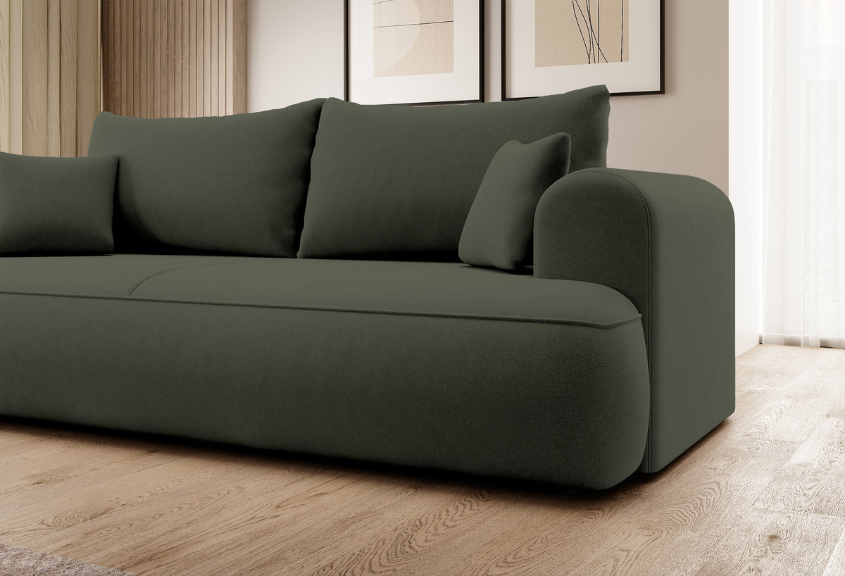 Canapé convertible 3 places Ovo avec rangement, velours olive en tissu facile à nettoyer