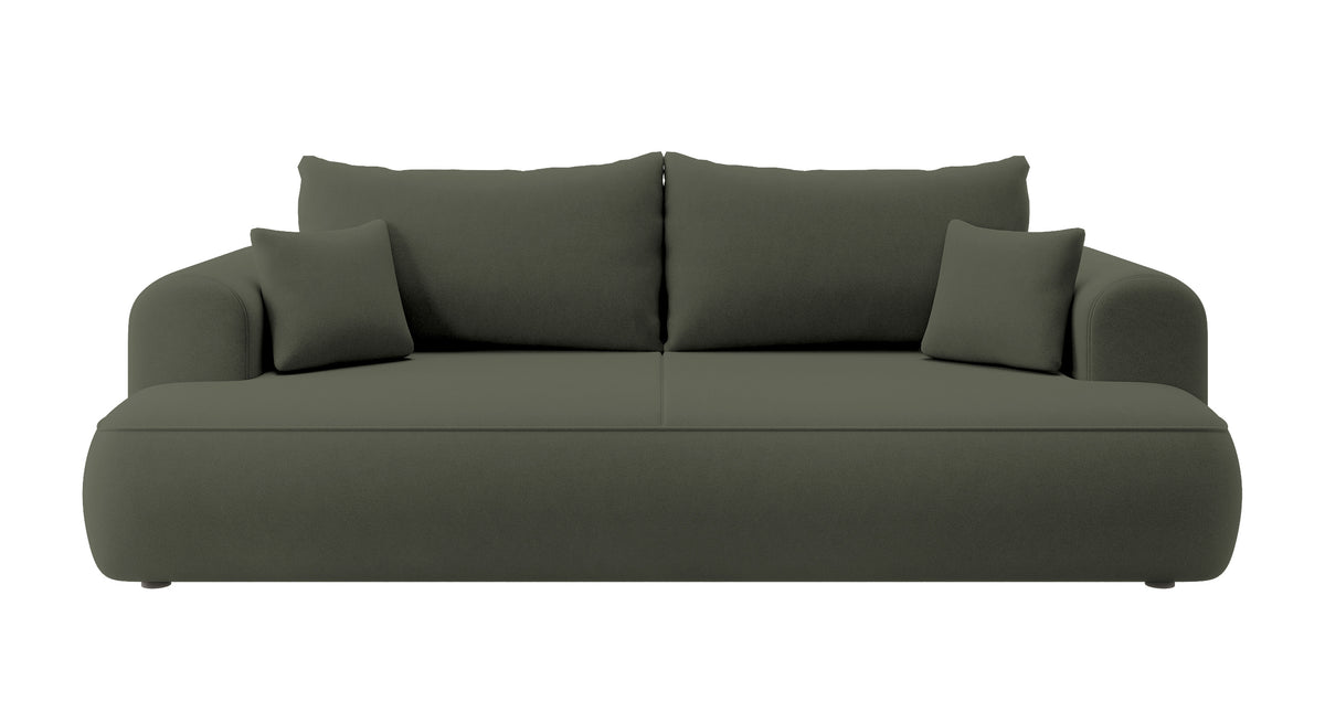 Canapé convertible 3 places Ovo avec rangement, velours olive en tissu facile à nettoyer