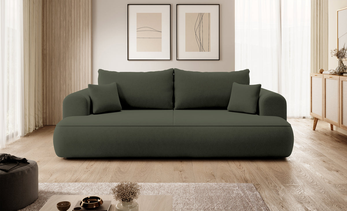 Canapé convertible 3 places Ovo avec rangement, velours olive en tissu facile à nettoyer