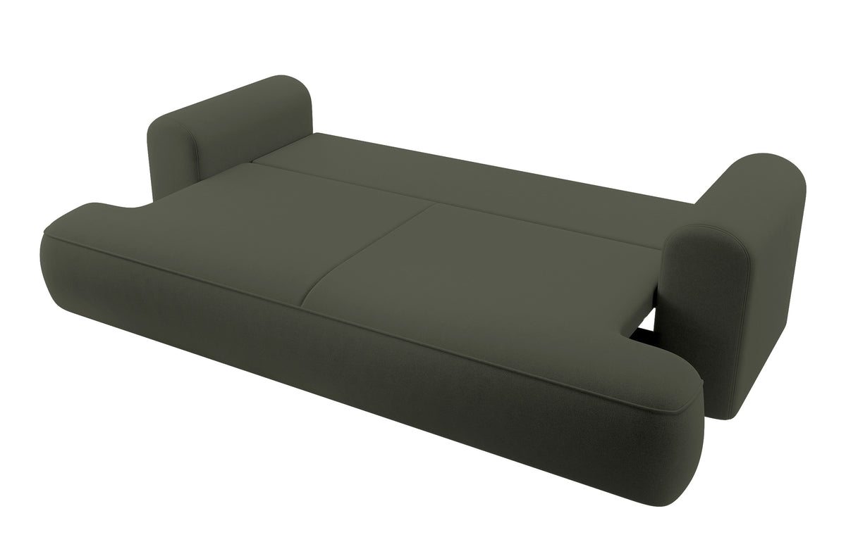 Canapé convertible 3 places Ovo avec rangement, velours olive en tissu facile à nettoyer