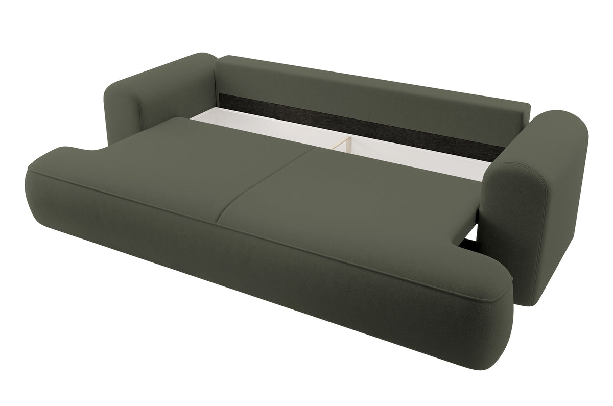 Canapé convertible 3 places Ovo avec rangement, velours olive en tissu facile à nettoyer