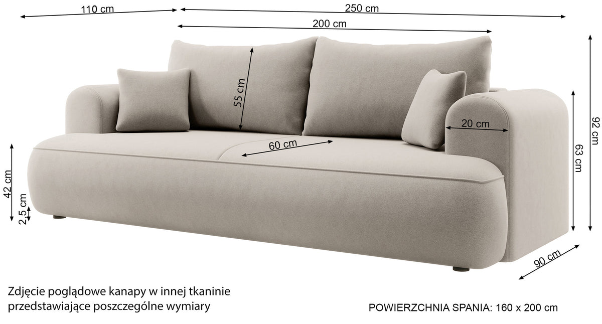 Canapé convertible 3 places Ovo avec rangement, velours gris en tissu facile à nettoyer