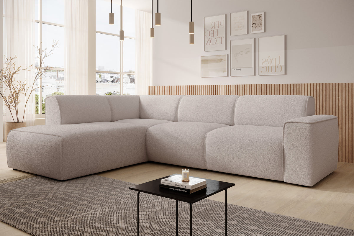 Ecksofa Bouvi L-förmig mit linker Armlehne, hellbeiger Bouclé-Stoff