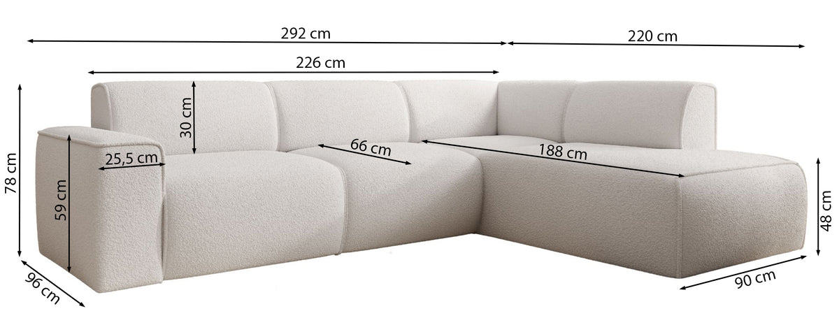 Ecksofa Bouvi L-förmig mit rechter Armlehne, hellgrauer Bouclé-Stoff