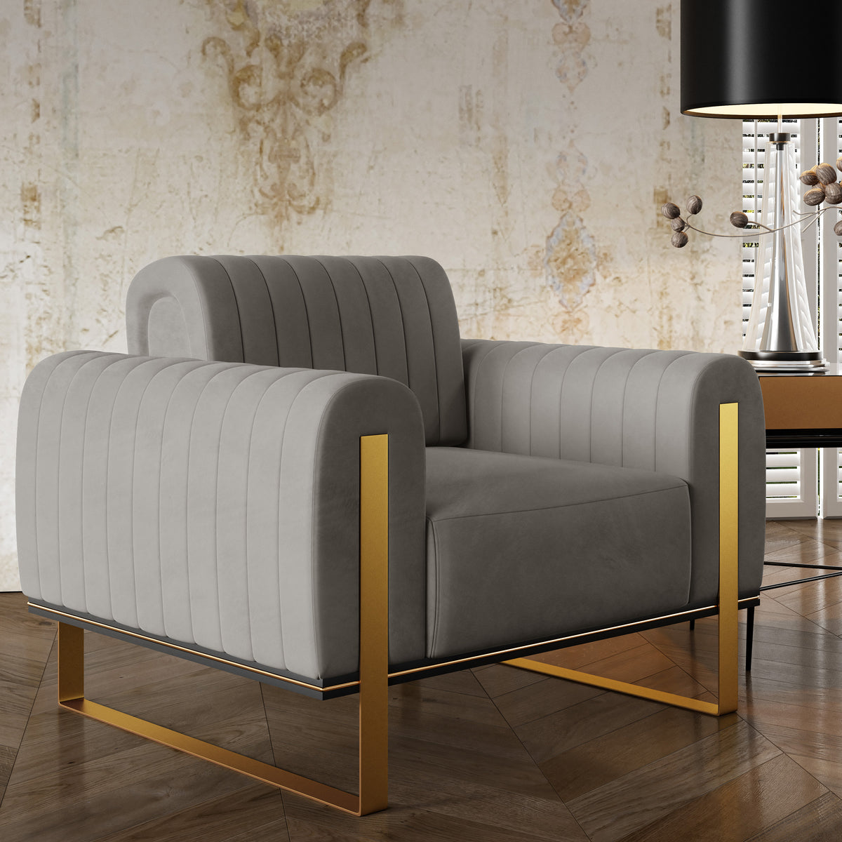 Fauteuil baquet Parissa velours gris clair pieds dorés