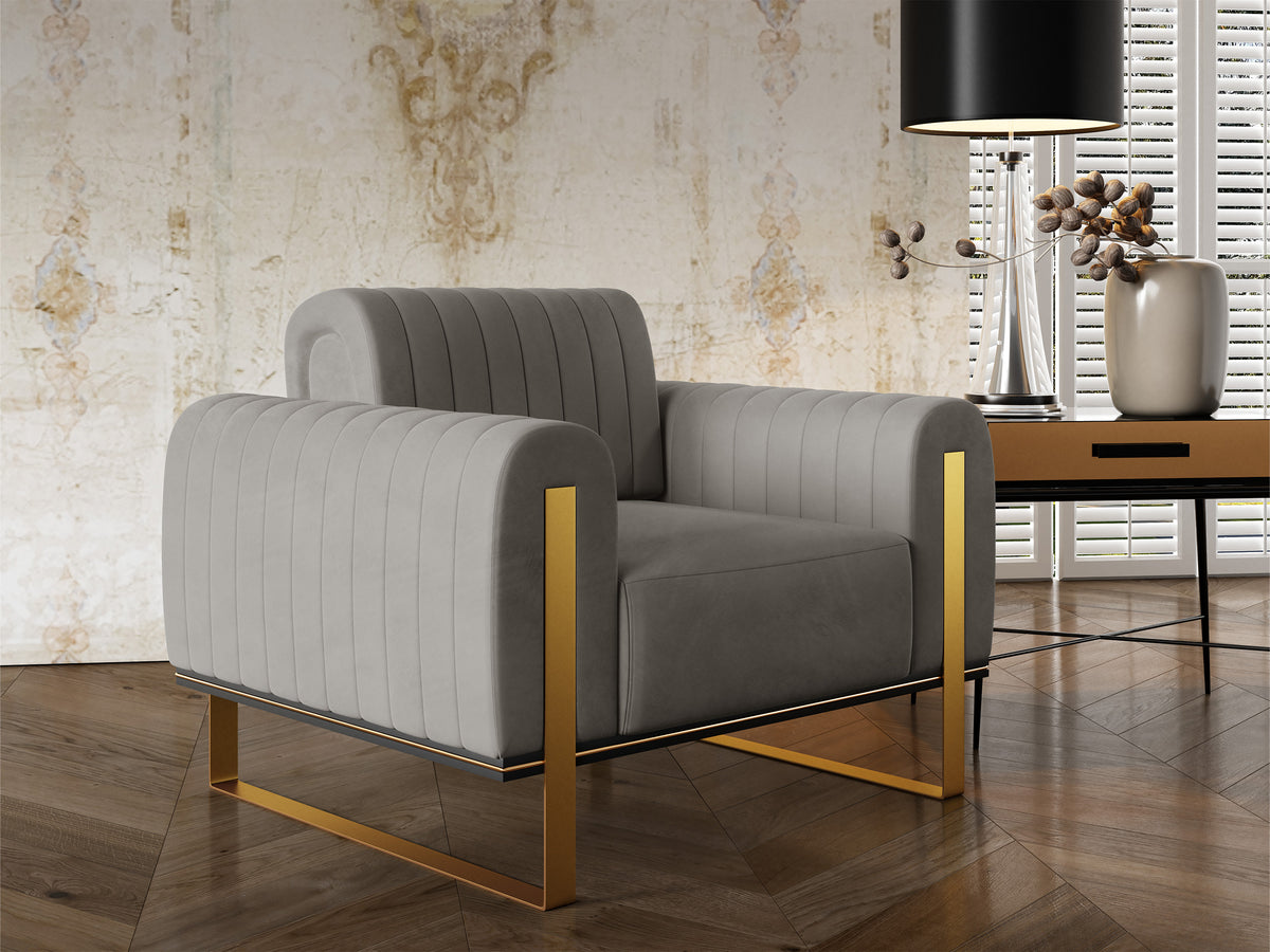 Fauteuil baquet Parissa velours gris clair pieds dorés