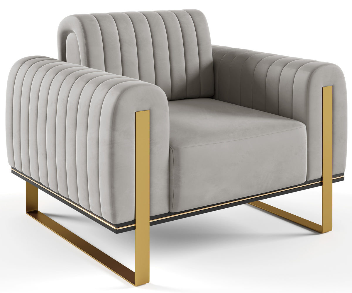 Fauteuil baquet Parissa velours gris clair pieds dorés