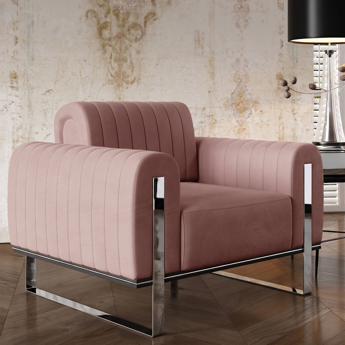 Fauteuil baquet Parissa velours rose pieds chromés