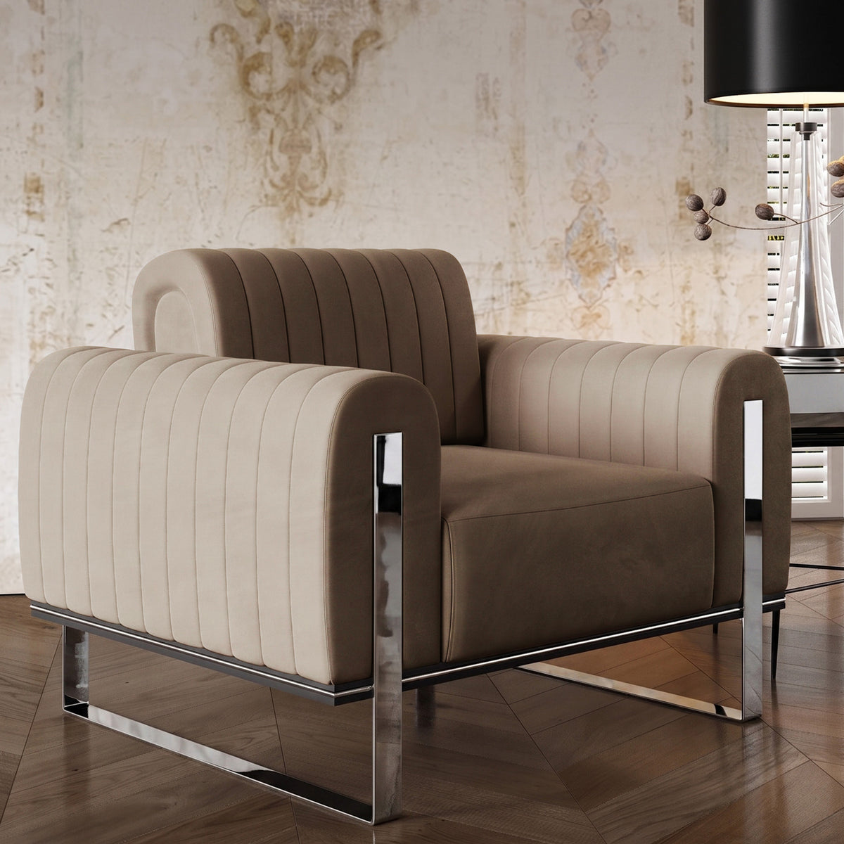 Fauteuil baquet Parissa velours beige pieds chrome