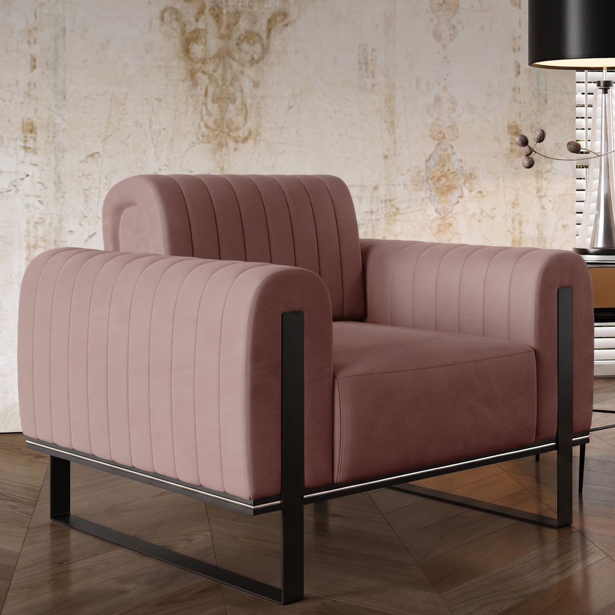 Fauteuil baquet Parissa velours rose pieds noirs