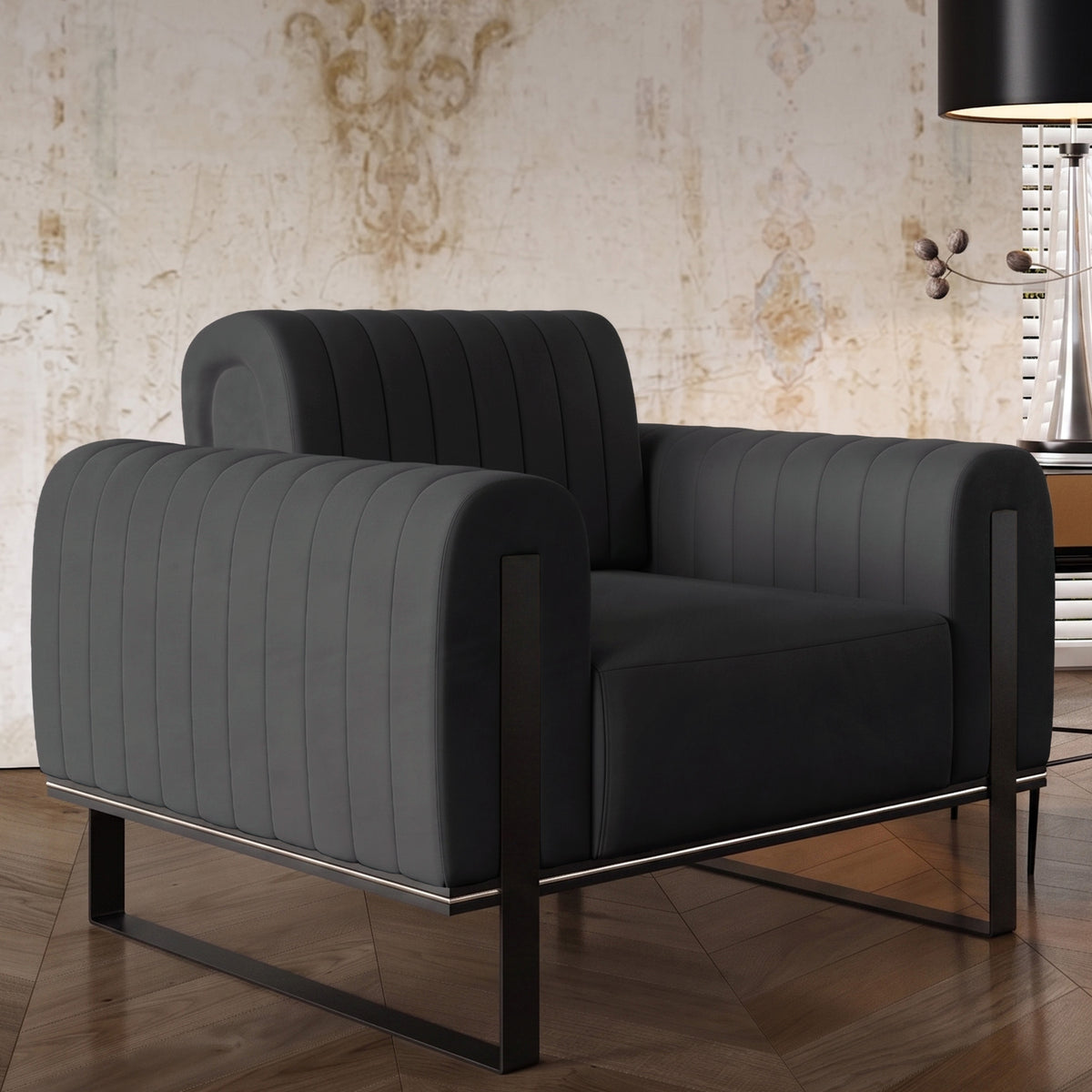 Fauteuil baquet Parissa velours gris foncé pieds noirs