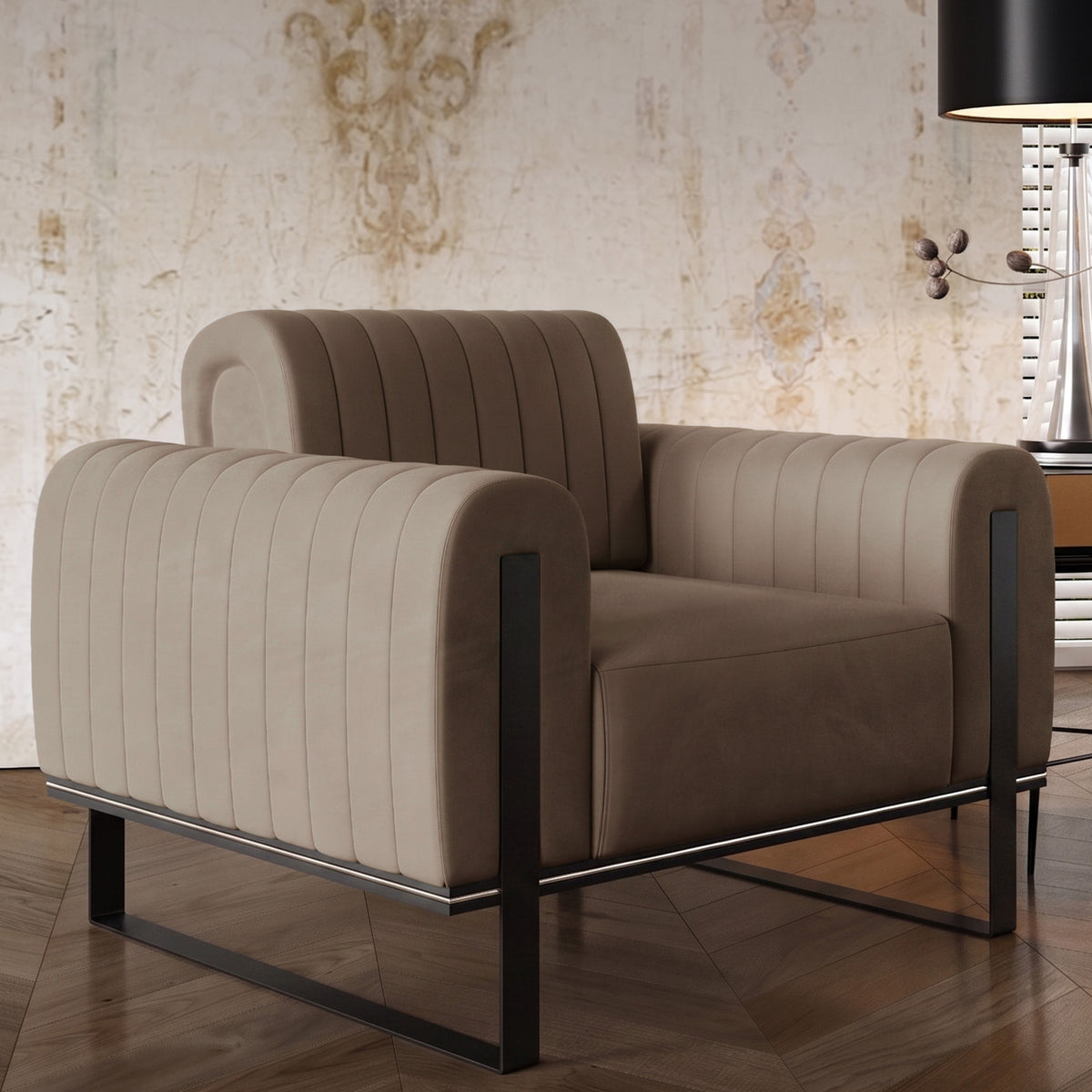 Fauteuil baquet Parissa beige velours pieds noirs
