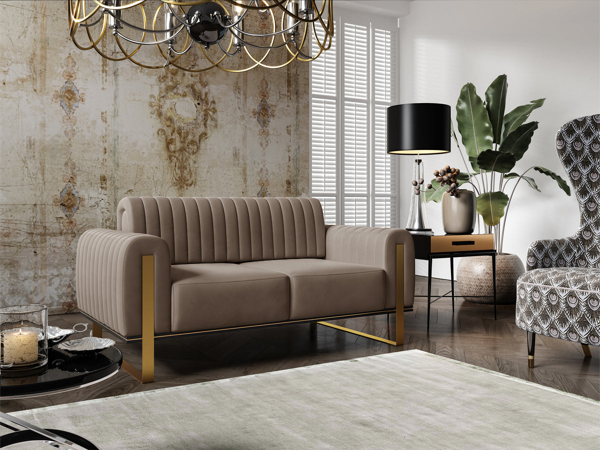 Canapé 2 places Parissa beige velours pieds dorés