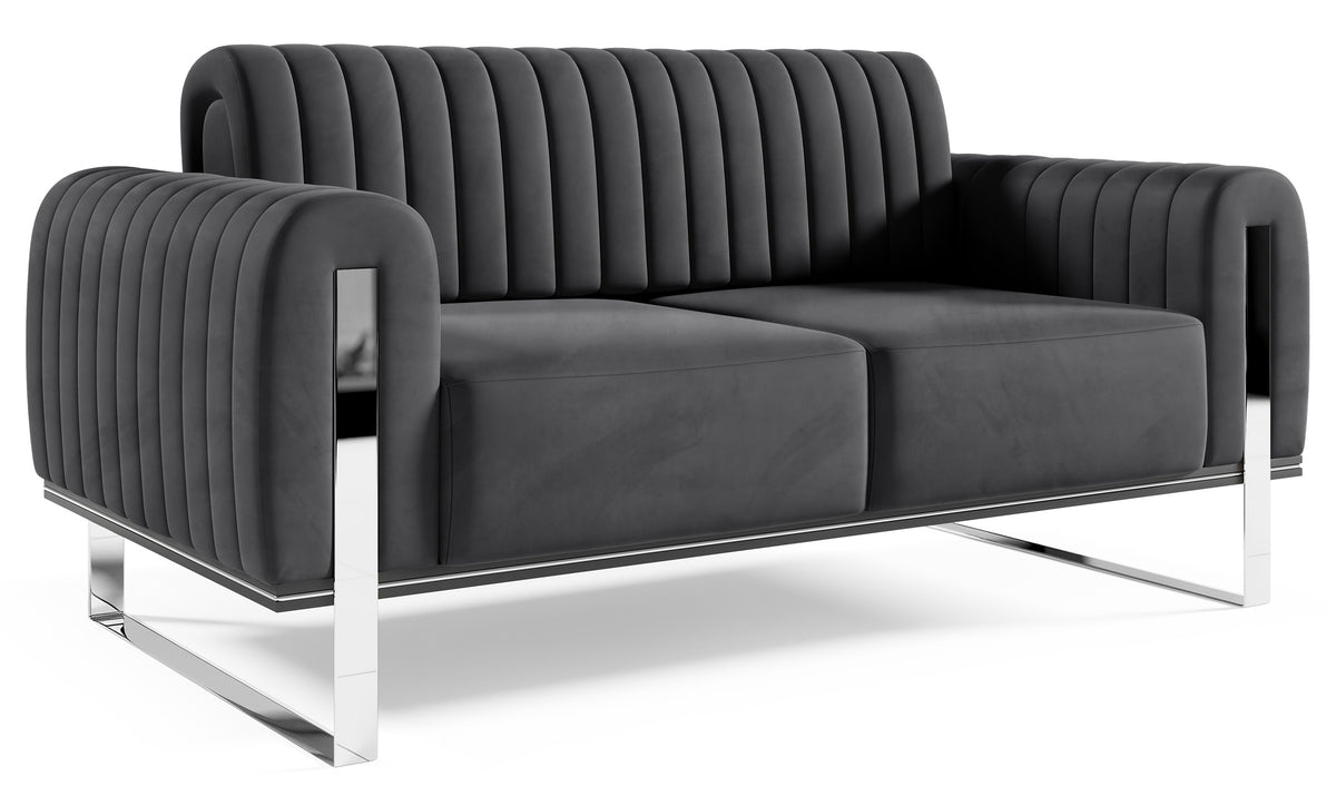 Zweisitziges Sofa Parissa, dunkelgrauer Samt, verchromte Beine
