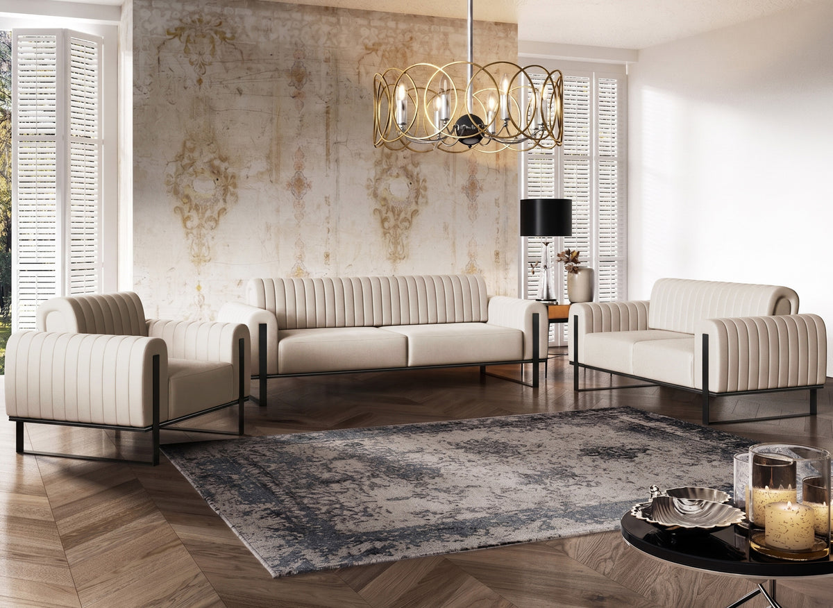 Canapé 3 places Parissa velours beige clair pieds noirs
