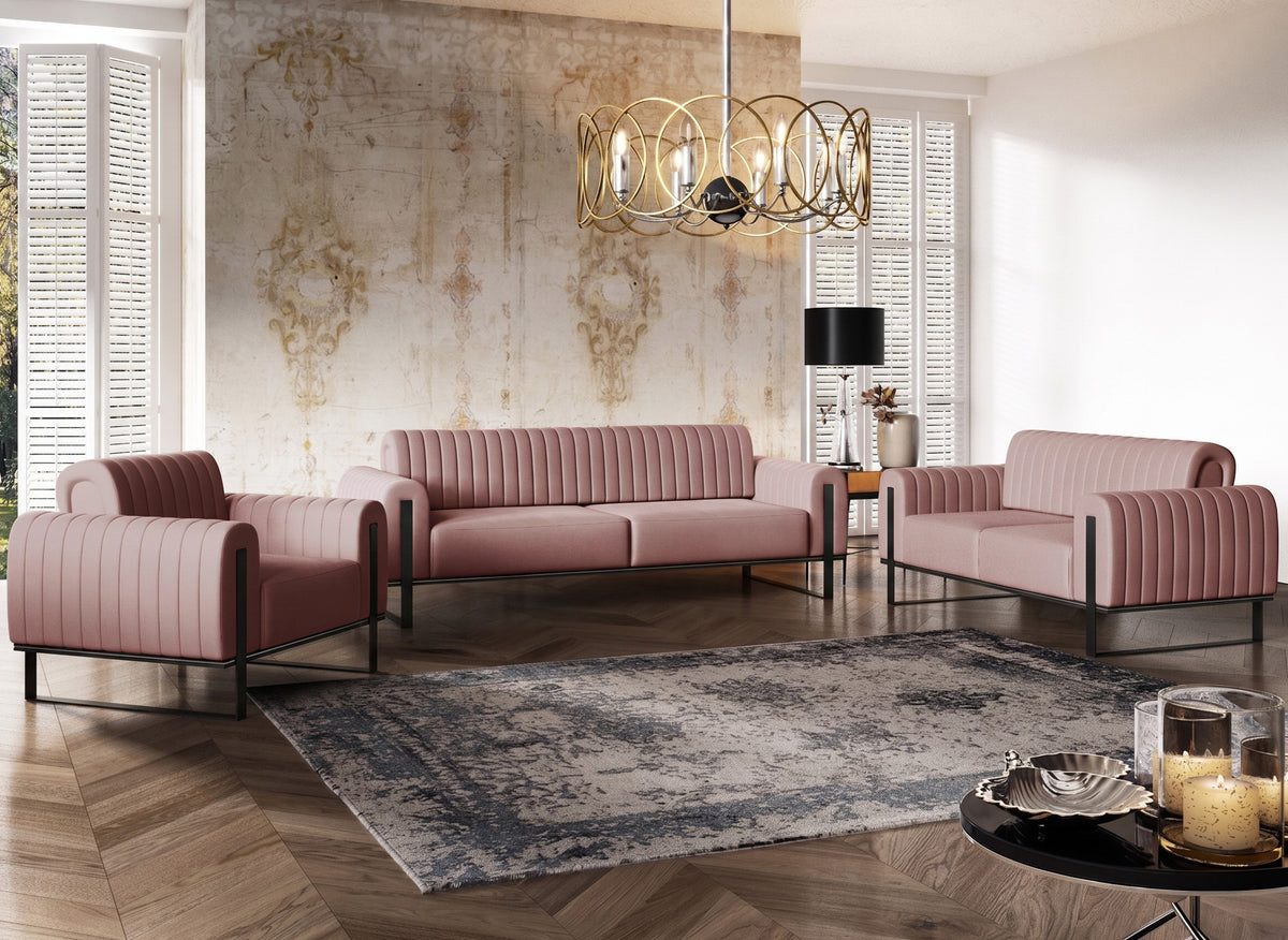 Dreiersofa Parissa, rosa Samt, schwarze Beine