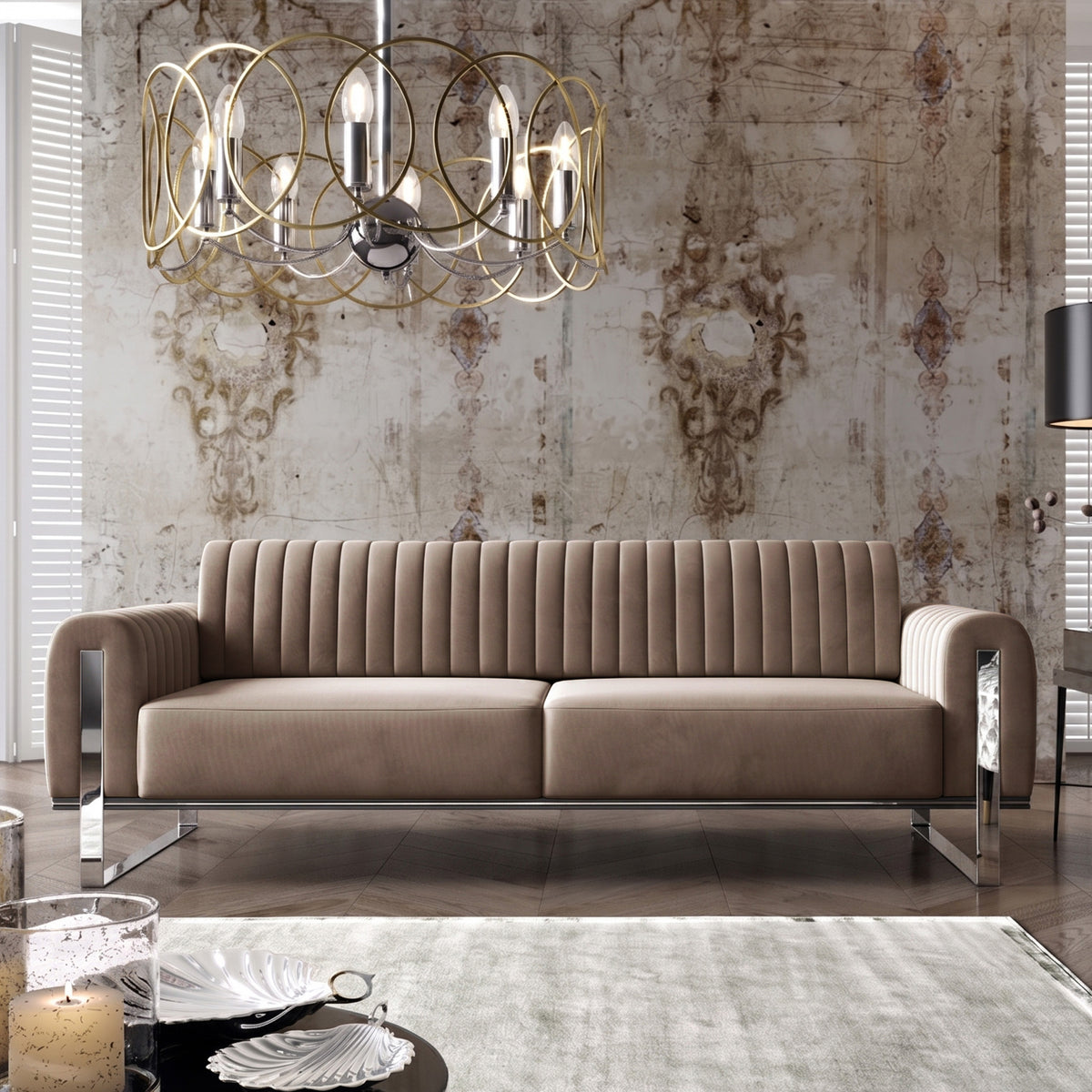 Canapé 3 places Parissa velours beige pieds chromés