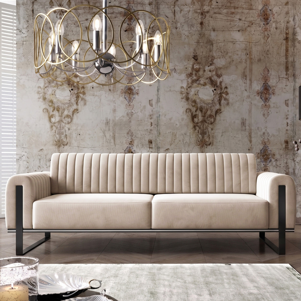 Canapé 3 places Parissa velours beige clair pieds noirs