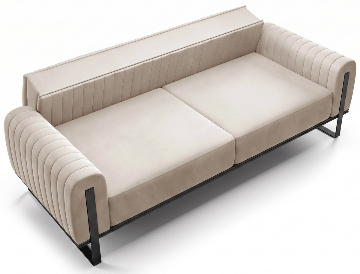 Canapé 3 places Parissa velours beige clair pieds noirs