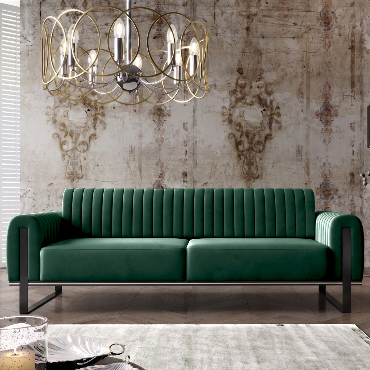 Dreisitiges Sofa Parissa, grüner Samt, schwarze Beine