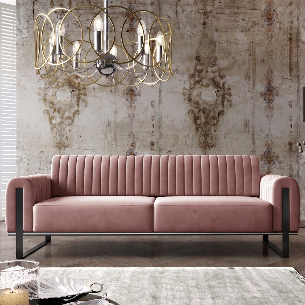 Dreiersofa Parissa, rosa Samt, schwarze Beine