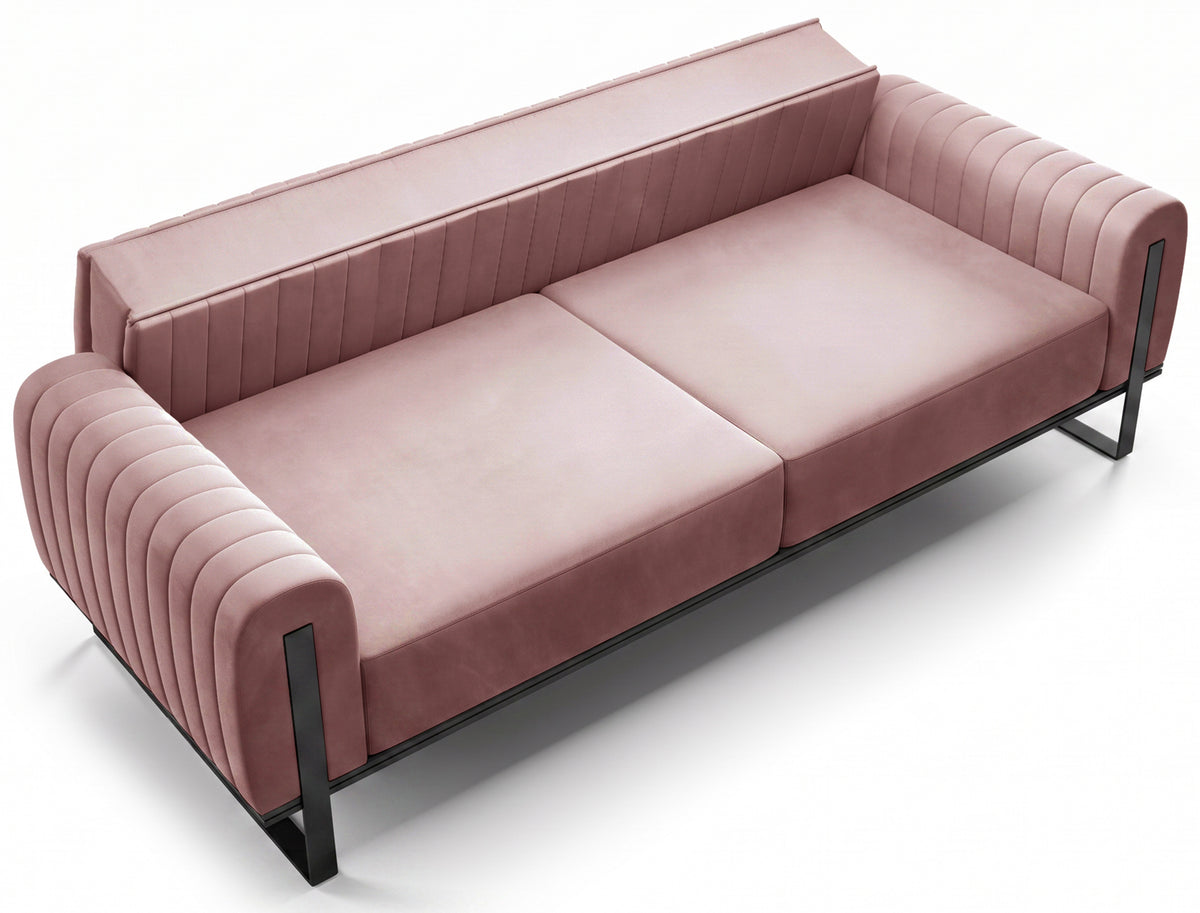 Dreiersofa Parissa, rosa Samt, schwarze Beine