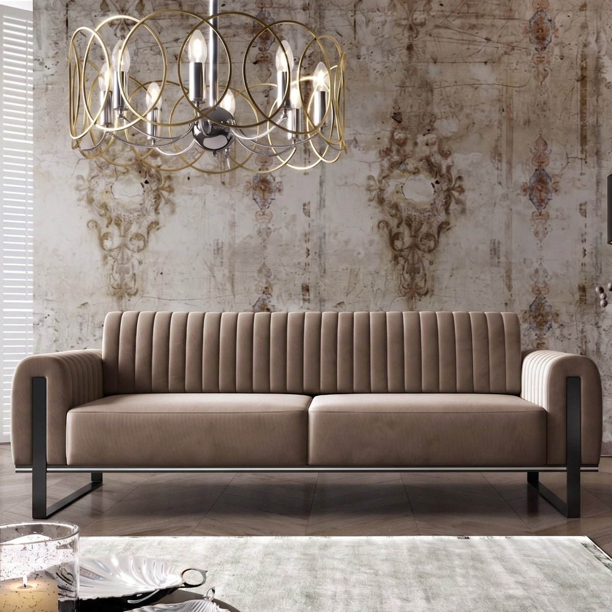 Canapé 3 places Parissa beige velours pieds noirs