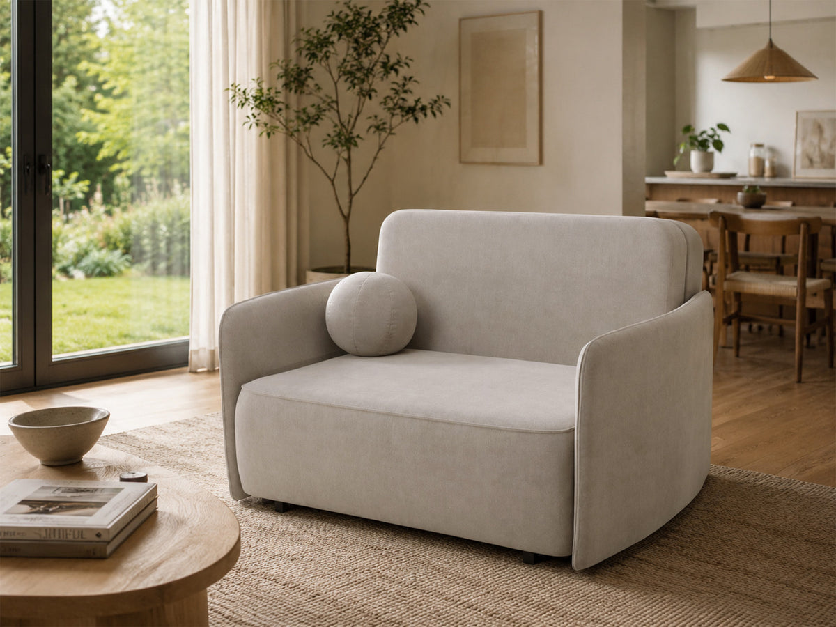 Canapé-lit deux places Paxi 145 cm avec coffre de rangement, chenille beige clair