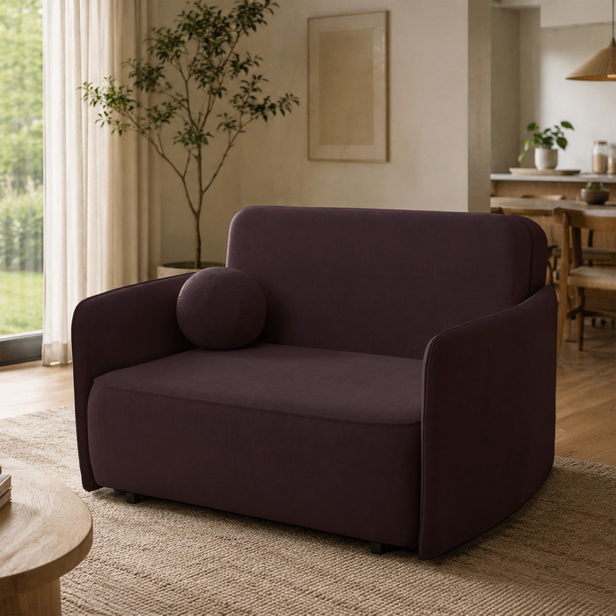 Canapé convertible deux places Paxi 145 cm avec coffre, velours chenille prune