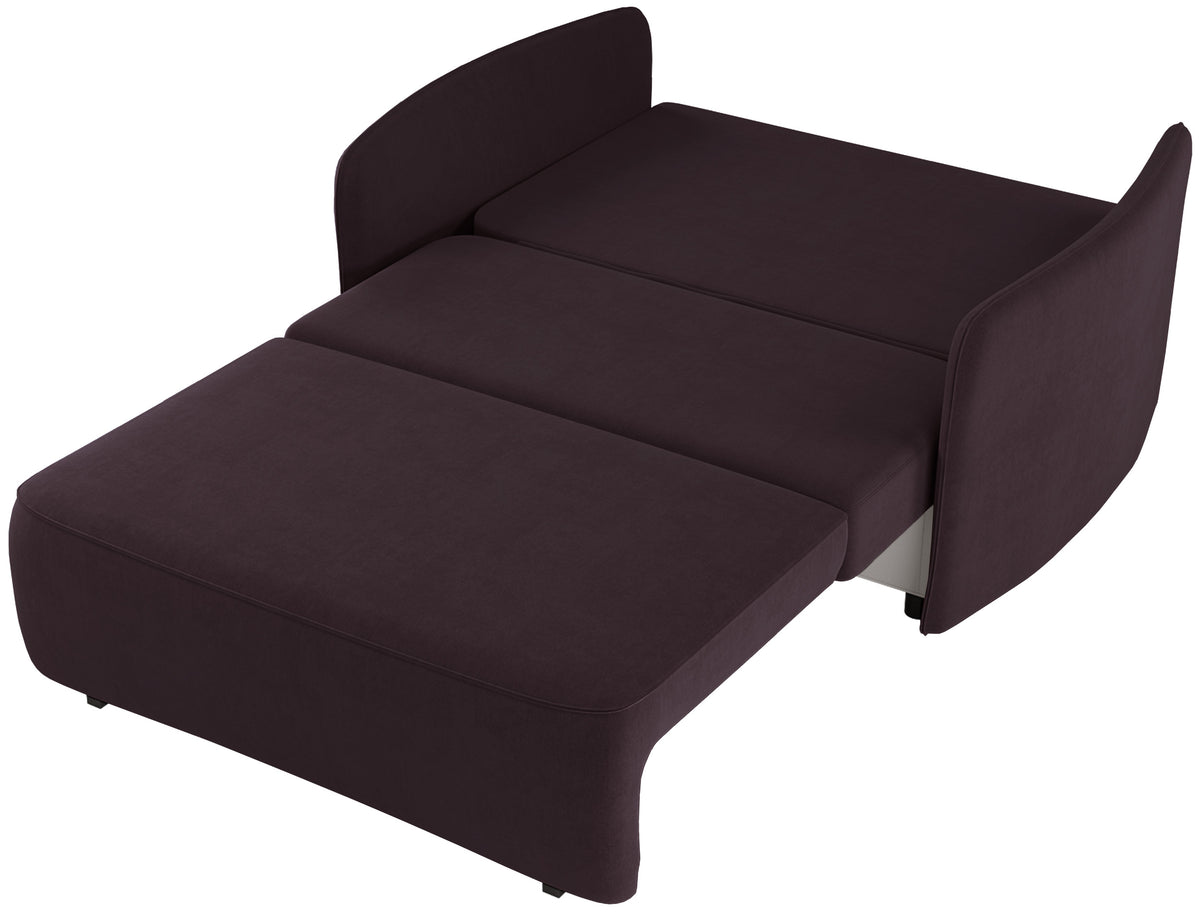 Canapé convertible deux places Paxi 145 cm avec coffre, velours chenille prune