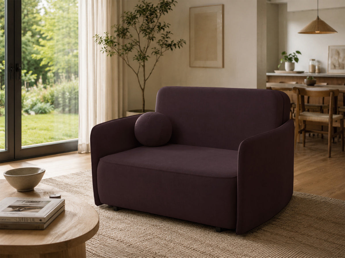 Canapé convertible deux places Paxi 145 cm avec coffre, velours chenille prune