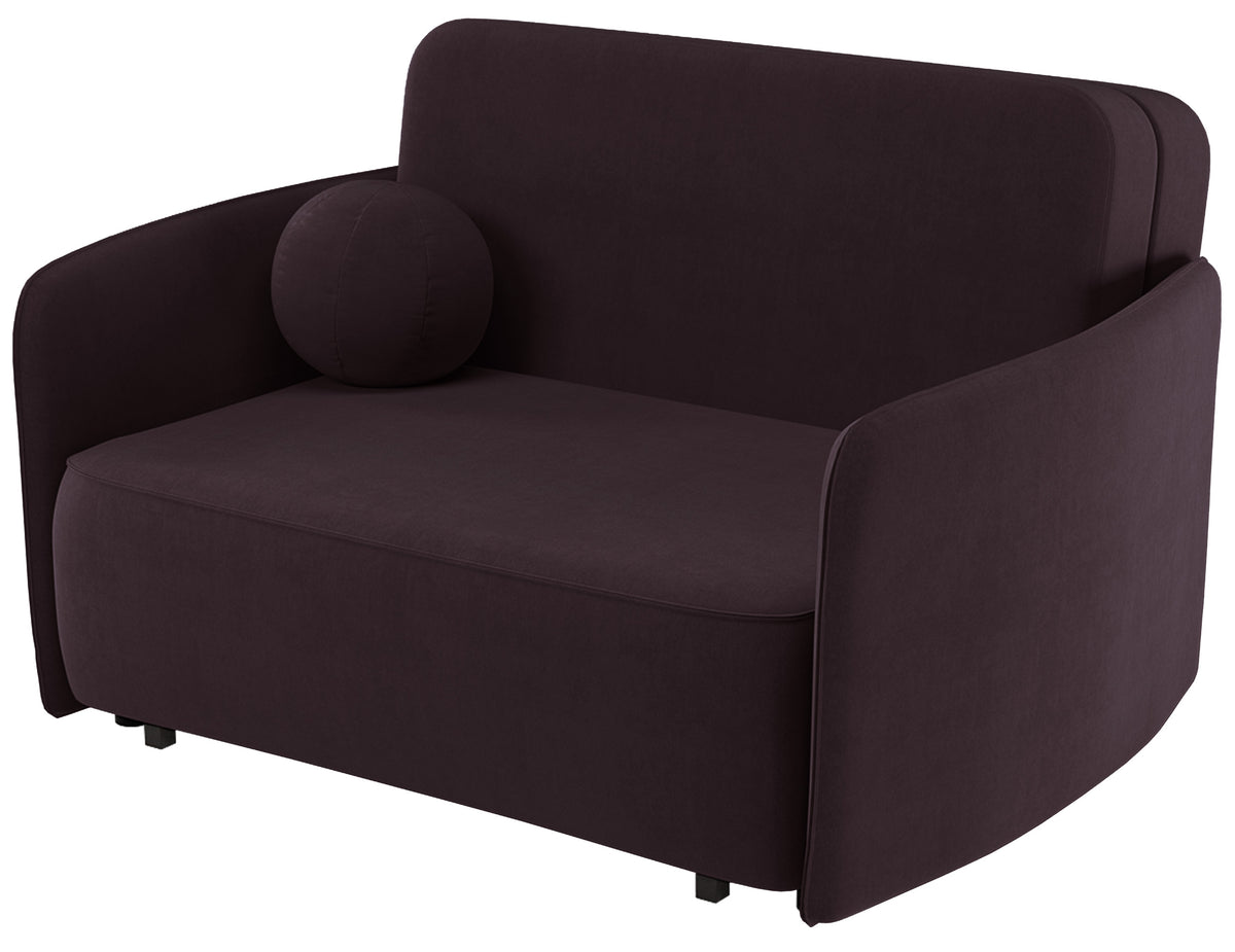 Canapé convertible deux places Paxi 145 cm avec coffre, velours chenille prune