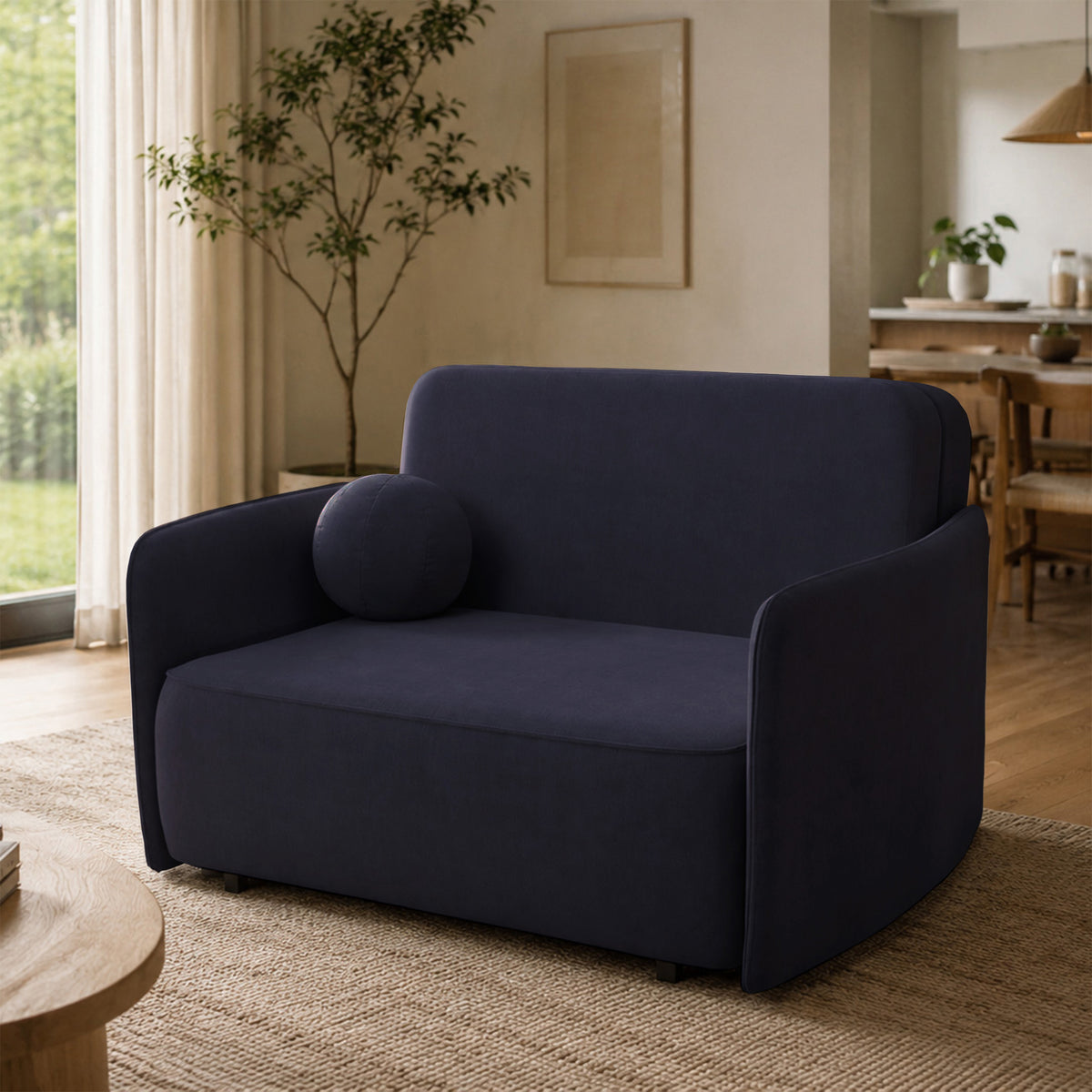 Canapé convertible 2 places Paxi 145 cm avec coffre de rangement en chenille bleu marine