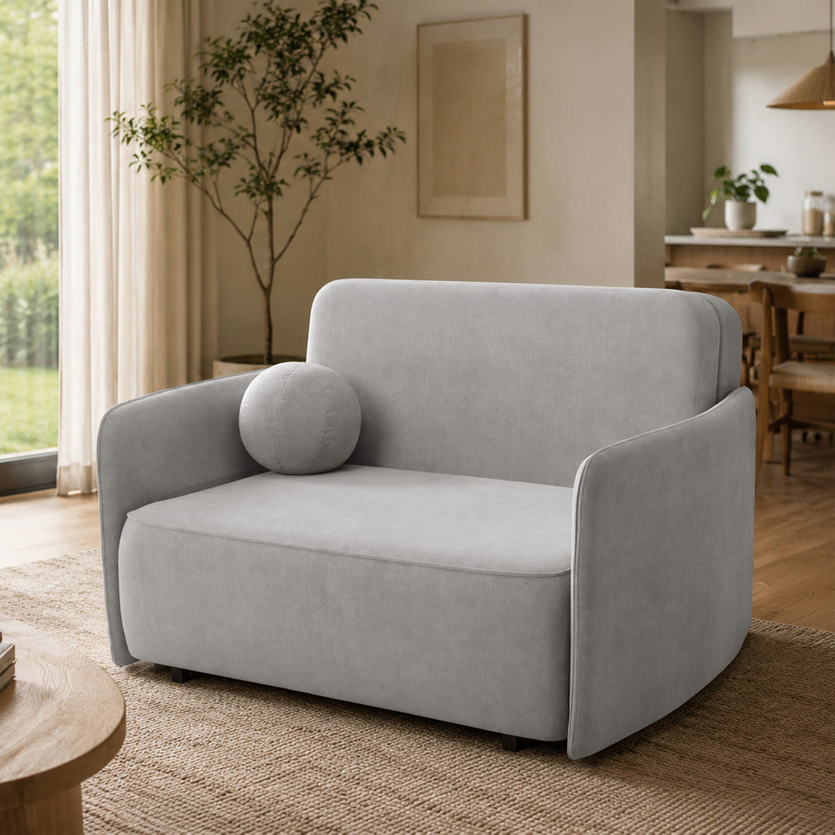 Ausziehbares Zweisitzer-Sofa Paxi 145 cm mit Stauraum, hellgrauer Chenille-Bezug