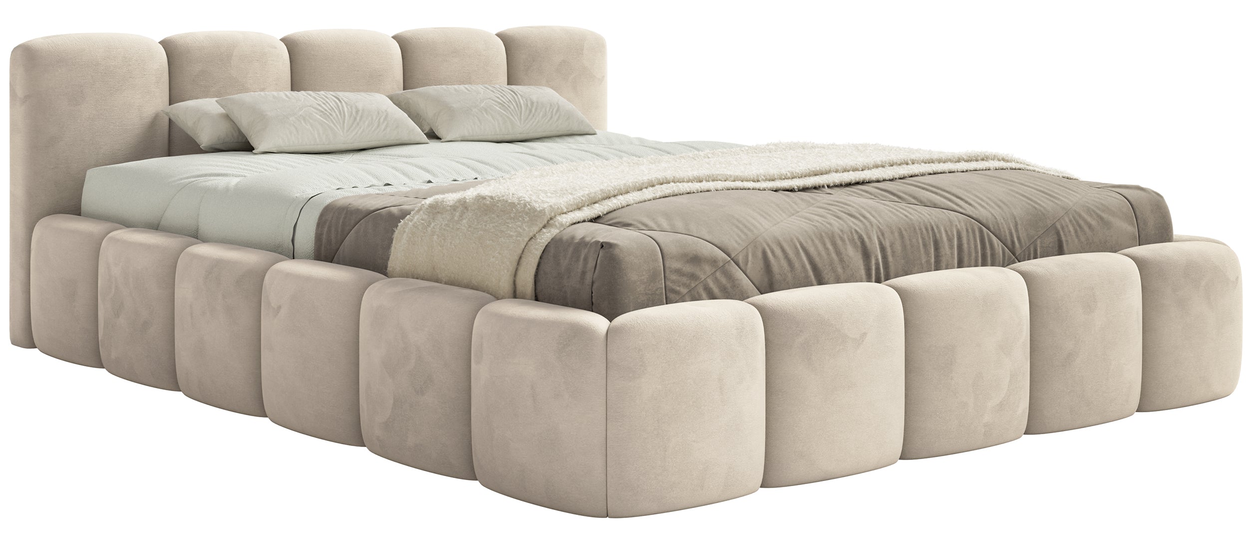 Polsterbett 160x200 cm Cloudy Low hellbeige Velours, wasserabweisend, pflegeleicht, Holzrahmen