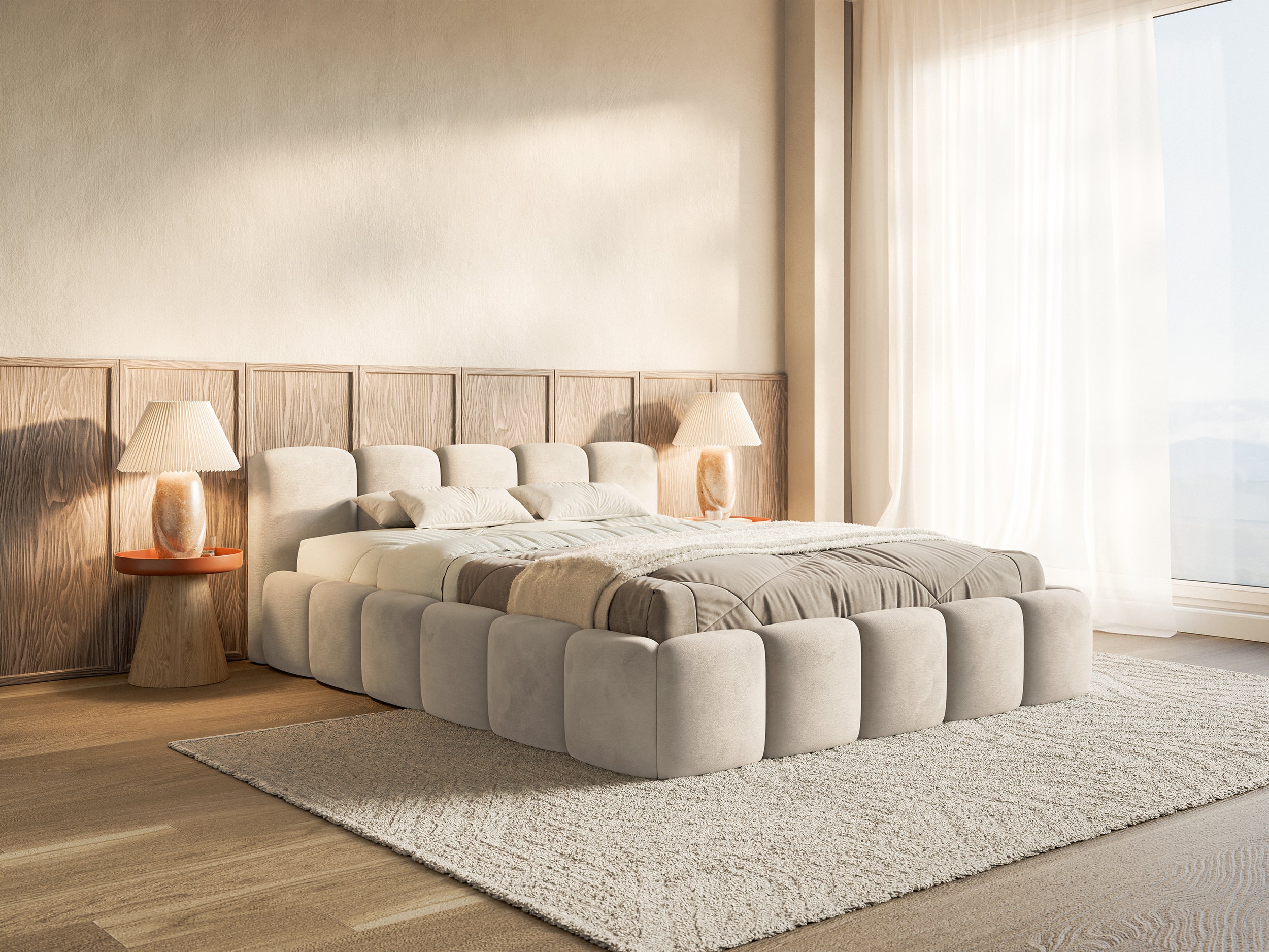 Gepolstertes Bett 160x200 cm Cloudy Low, beige, Velours, wasserabweisend, pflegeleicht, Holzrahmen